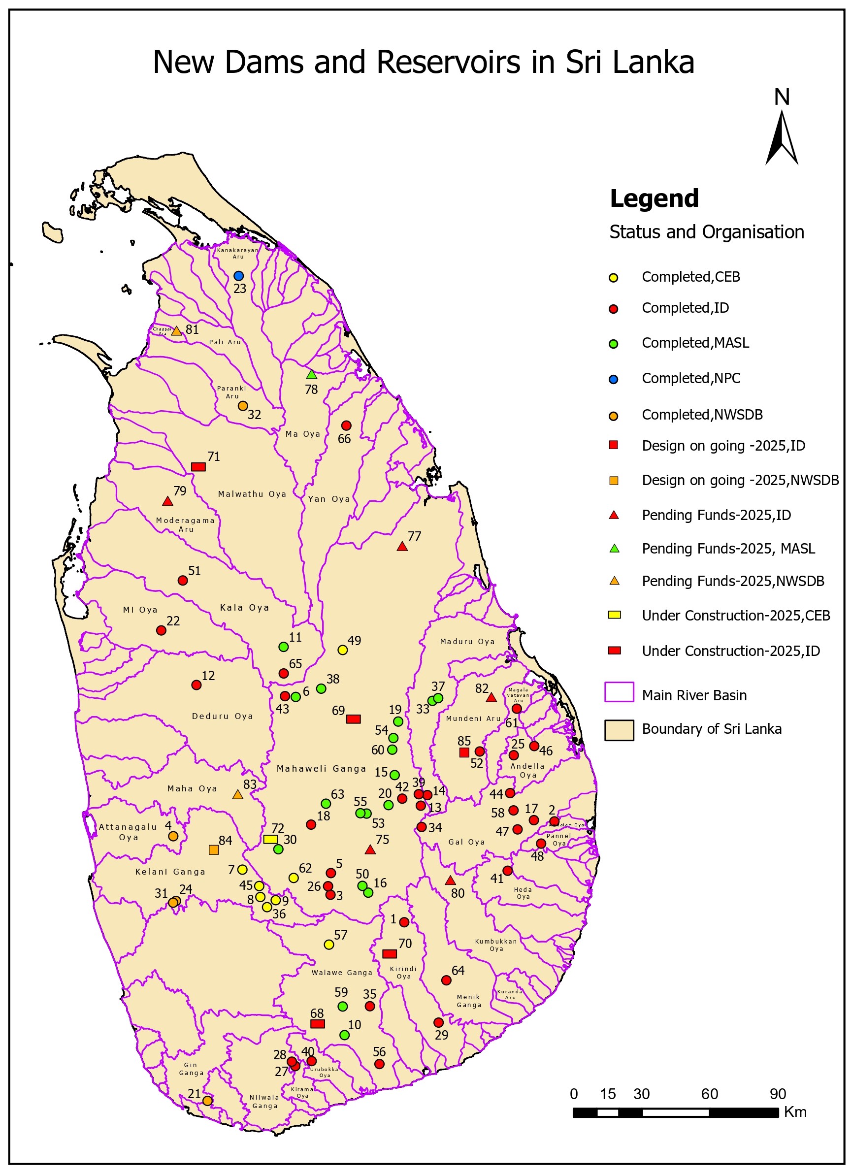 New Dams and Reservoirs in Sri Lanka Map